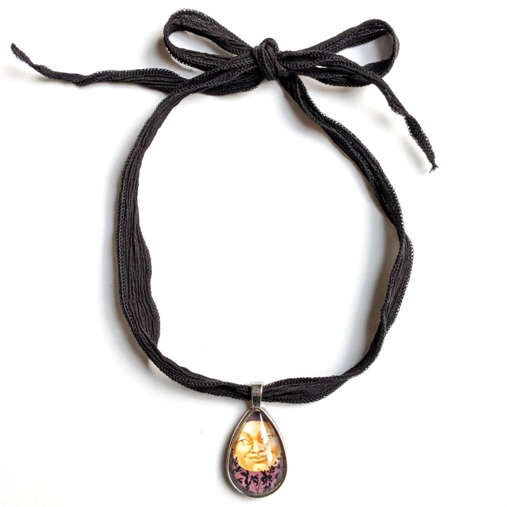 Full Moon Tear Drop Pendant Hand Dyed Black Ribbon Adjustable Necklace